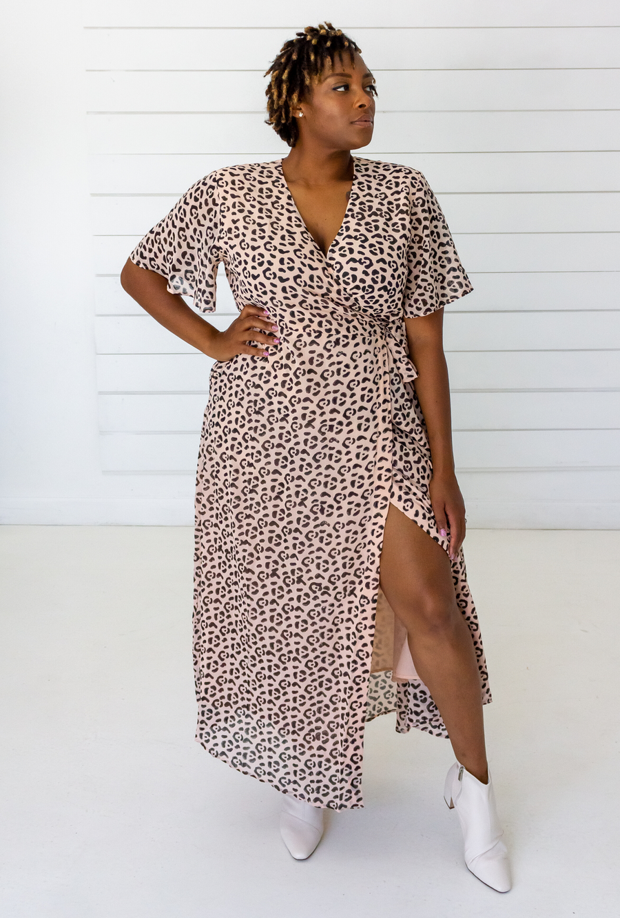 Symbology Clothing Leopard Maxi Wrap Dress in Blush + Black - plus size dress, product view