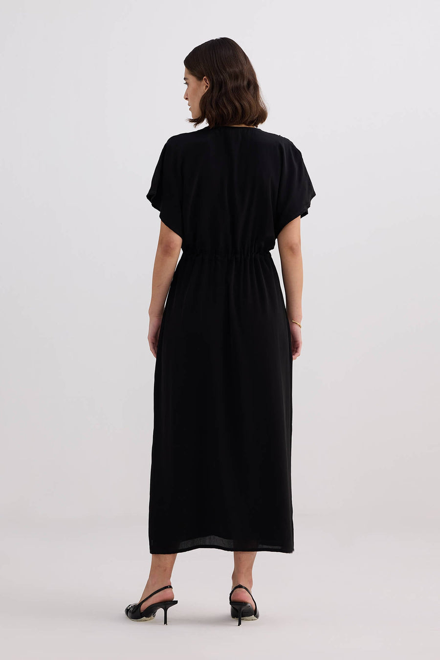 Reistor V-neck Gathered Maxi Dress in Black - plus size maxi dress, product view