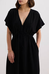Reistor V-neck Gathered Maxi Dress in Black - plus size maxi dress, product view