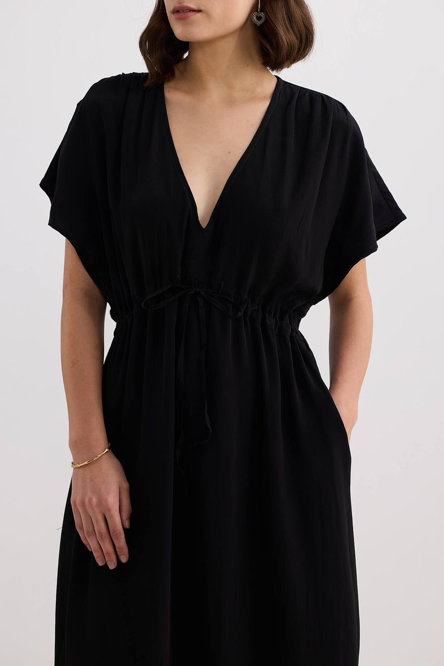 Reistor V-neck Gathered Maxi Dress in Black - plus size maxi dress, product view