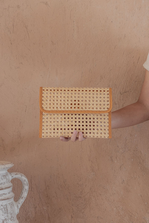Village Thrive Eva Leather and Rattan Clutch - clutch