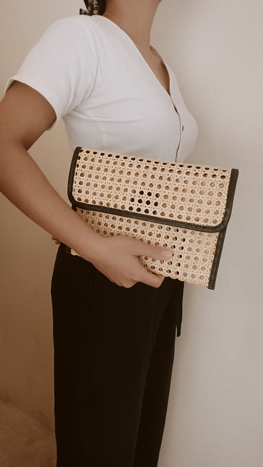 Village Thrive Eva Leather and Rattan Clutch - clutch