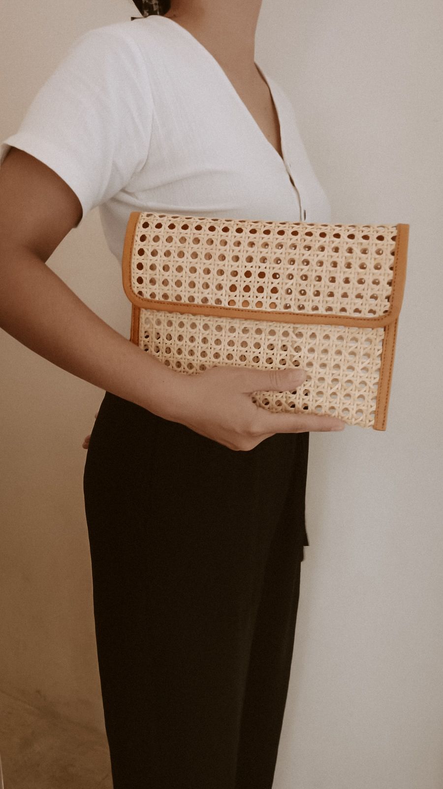 Village Thrive Eva Leather and Rattan Clutch - clutch