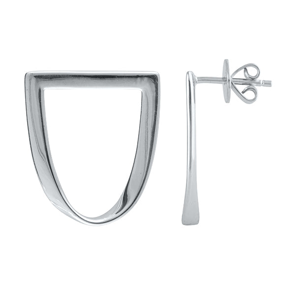 a detailed image of a silver earring that is a half circle facing forward, featuring a twist in the bottom of the hoop with a post back detail. #color_silver