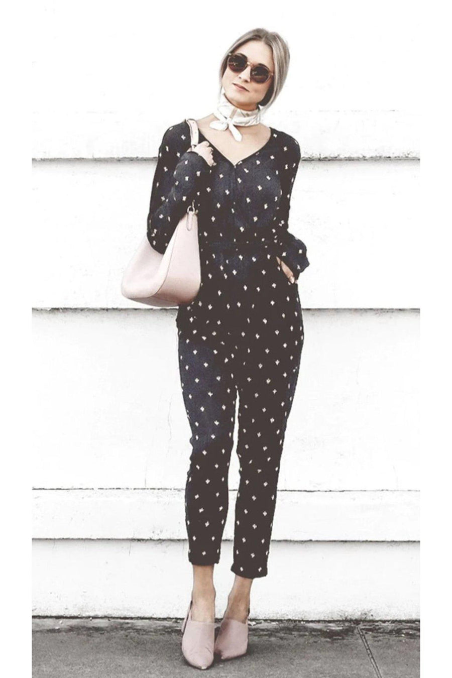 Symbology Clothing Baby Cacti Wrap Jumpsuit in Black & Ivory - plus size jumpsuit, product view