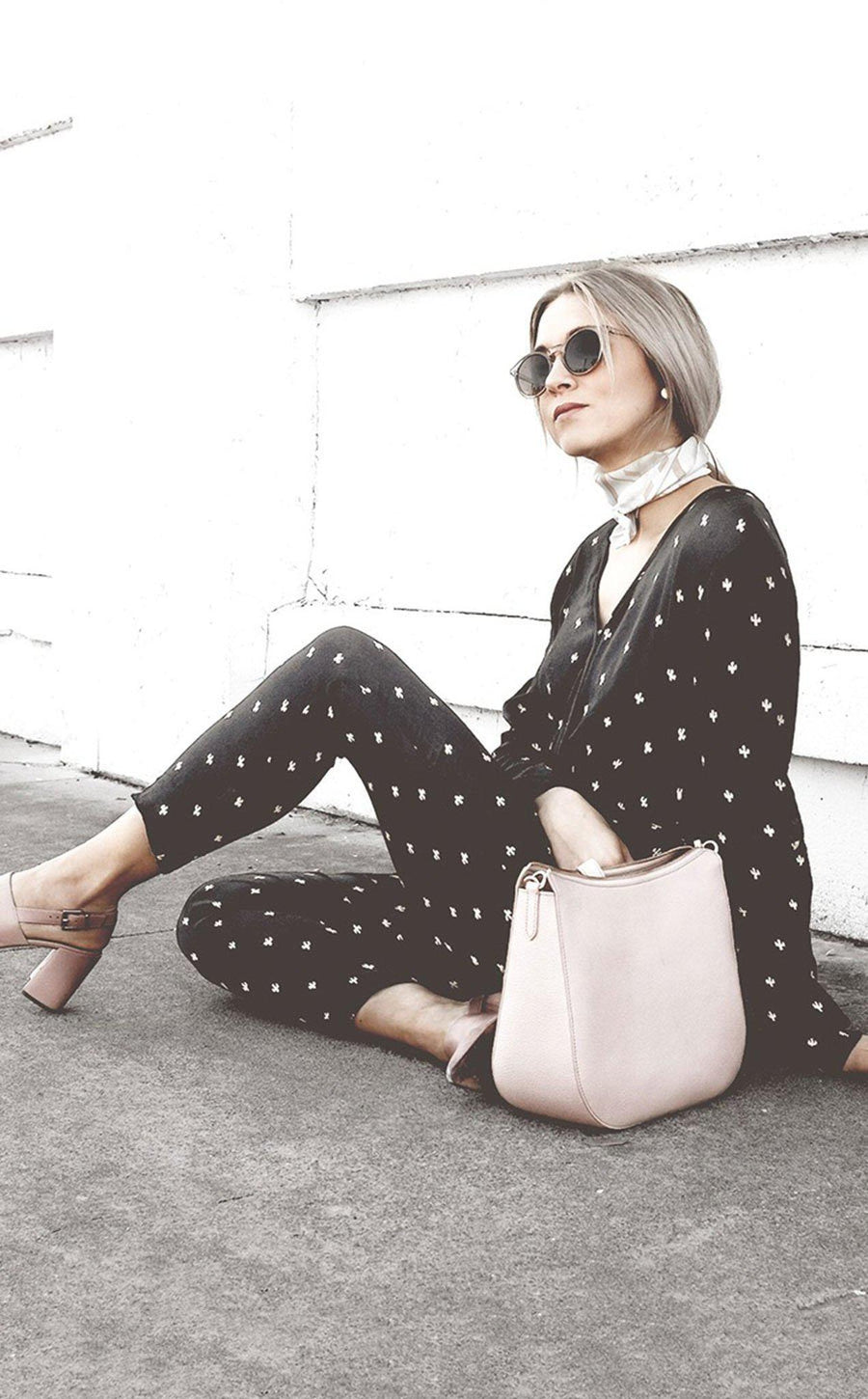 Symbology Clothing Baby Cacti Wrap Jumpsuit in Black & Ivory - plus size jumpsuit, product view
