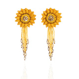 Front view of the Fyoli Fyoli DAHLIA Embroidered Earrings in Sunflower Yellow on a white background. The earrings feature a highly detailed 3D flower top with copper brown accents and a long, matching yellow and clear glass bead fringe.