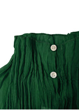 Close-up detail photo of the back neck closure showing the green pleated georgette fabric and two Mother of Pearl buttons.