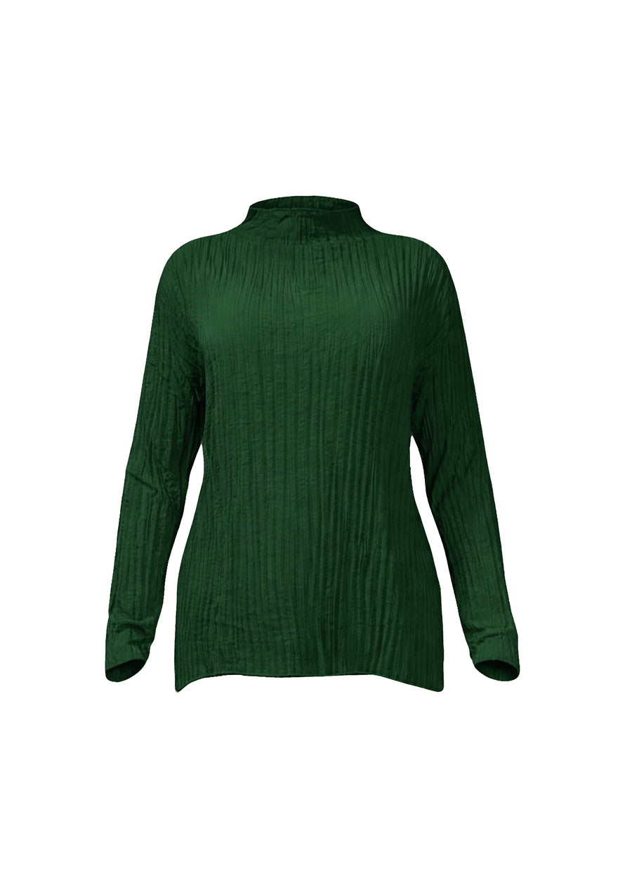 Studio product shot of the Baacal Esme Pleated Top in forest green featuring long sleeves and a funnel neck design.