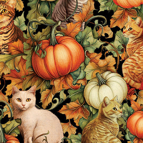 Detailed fabric swatch showing the Cats & Pumpkins print with ginger, tabby, and white cats alongside orange and white pumpkins among autumn leaves.