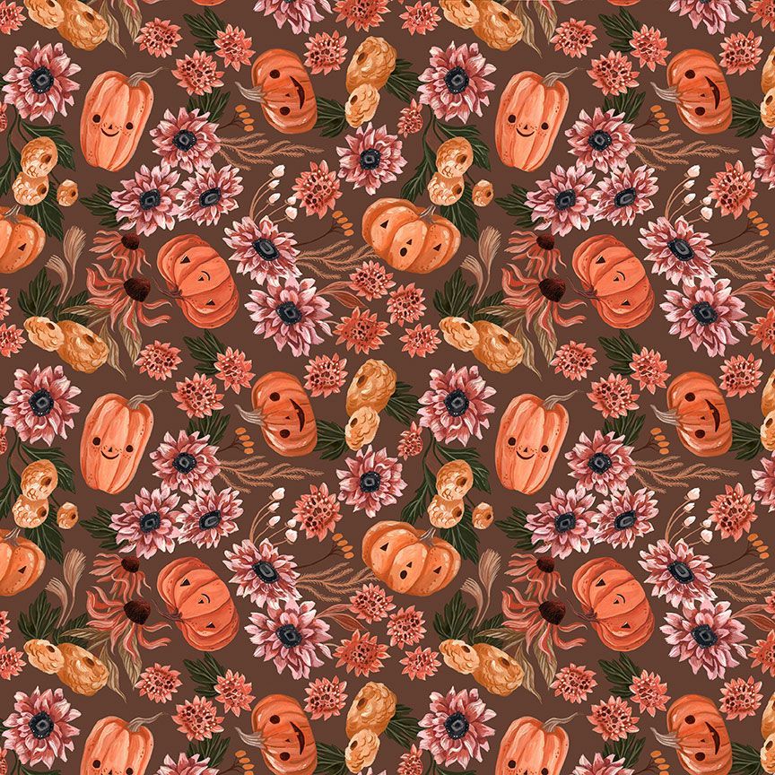 Seamless swatch pattern showing the detailed autumn print with smiling pumpkins and pink/orange flowers on a brown background.