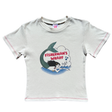 Front flat lay view of the Fruit Face Hard to Catch Off-White Baby Tee featuring a Fisherman's Wharf mermaid graphic and red contrast stitching.