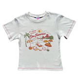 Front view of the off-white Fruit Face It's Always Sunny in SF Baby Tee with San Francisco illustration and red contrast stitching