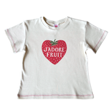 Front flat lay view of the Fruit Face J'Adore Fruit Baby Tee featuring a strawberry heart graphic with red contrast stitching.