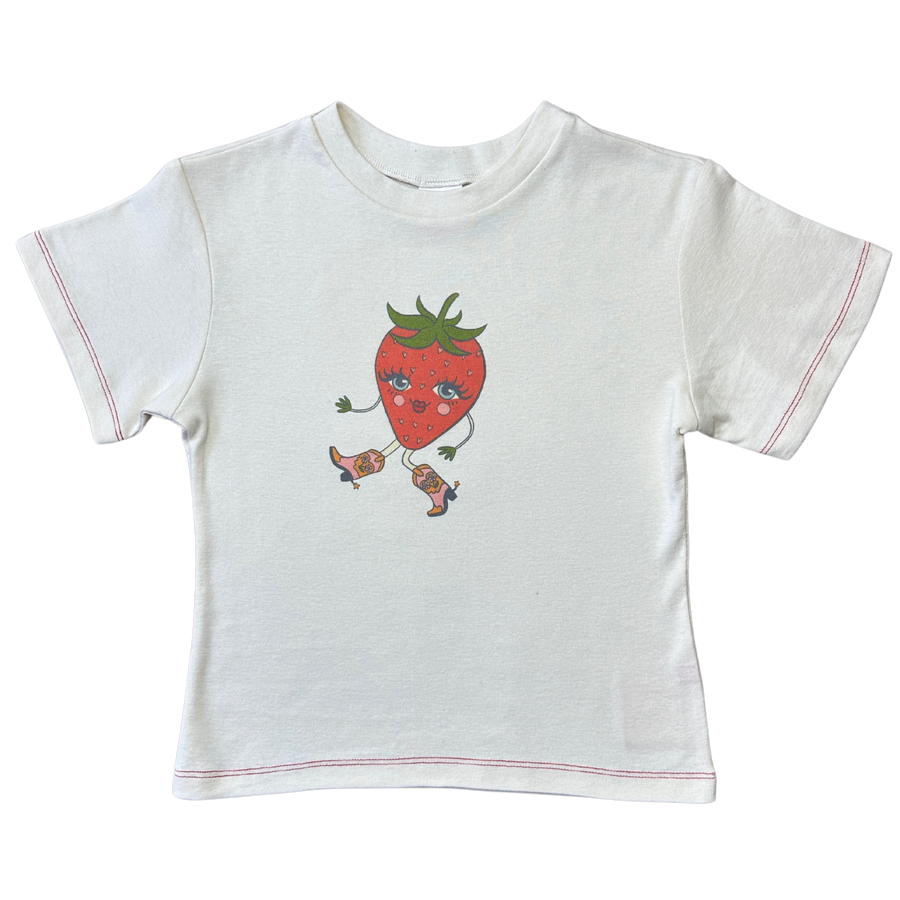 Fruit Face Strawberry Cowgirl baby tee in white with strawberry graphic