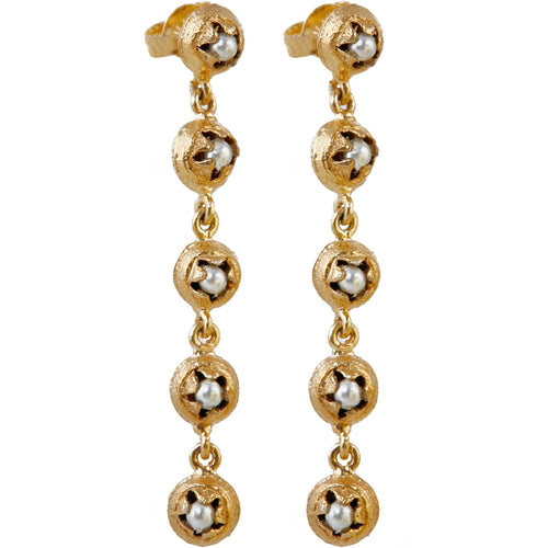 Pair of Fyoli Fyoli BEEJ 22K gold-plated brass seedpod dangle earrings set with tiny glass pearl beads.