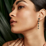 Close-up profile portrait of a model wearing the Fyoli Fyoli BEEJ 925 sterling silver dangle earrings set with bright turquoise glass beads against lush green leaves