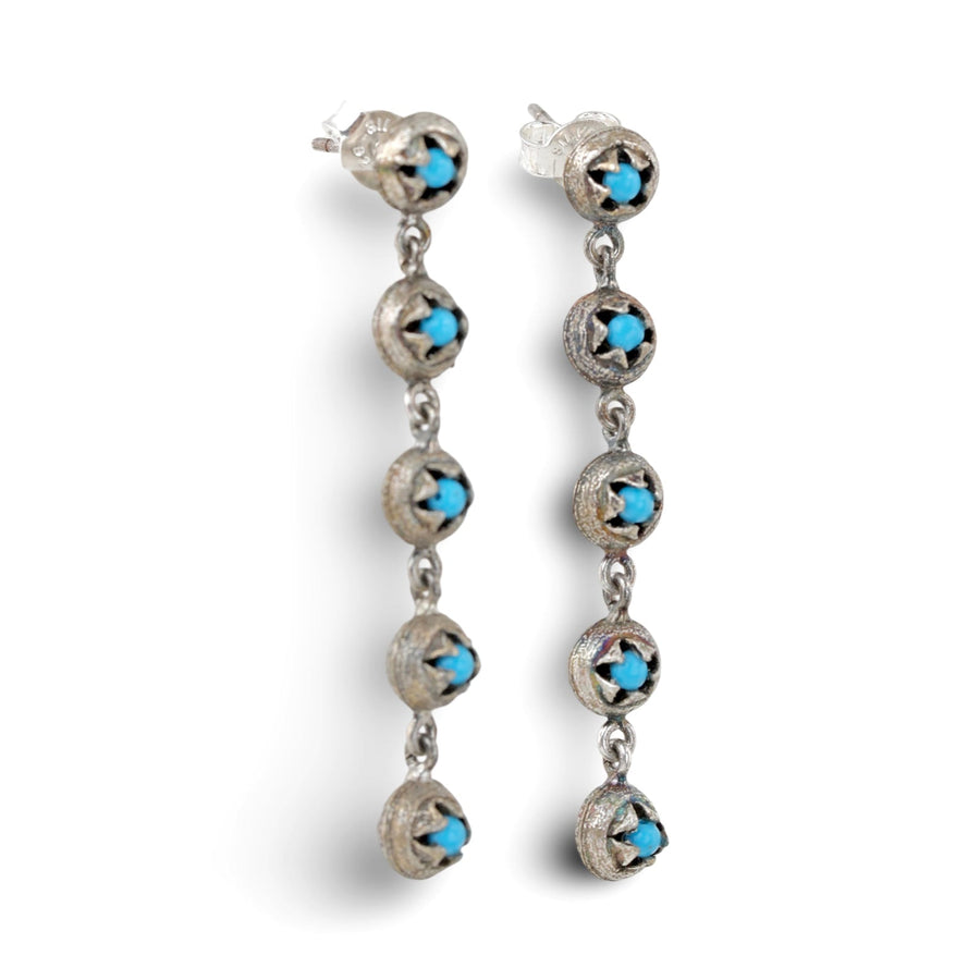 Front view pair of Fyoli Fyoli BEEJ 925 sterling silver seedpod drop earrings set with turquoise glass beads and post backings.