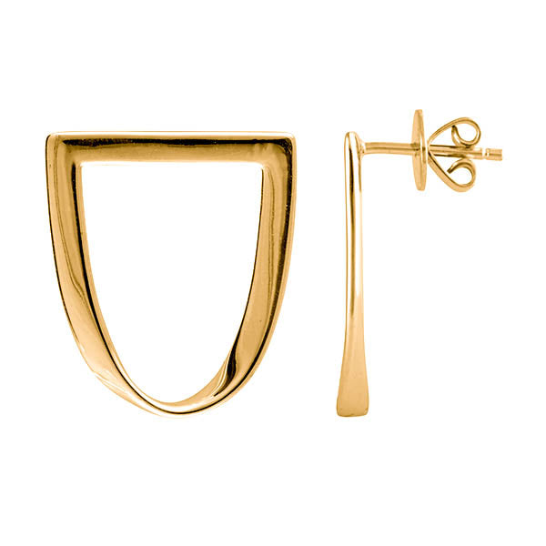 a detailed image of a yellow gold earring that is a half circle facing forward, featuring a twist in the bottom of the hoop with a post back detail. #color_gold