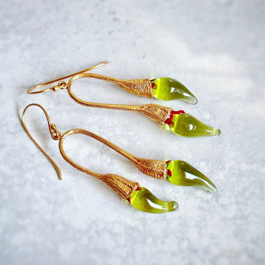 Fyoli Fyoli Gold Plated MIRCHI CHILI Pod Earrings in Red - women's artisan earrings