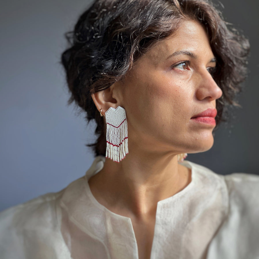 Fyoli Fyoli HEARTSTRINGS Hand Embroidered Earrings in White on White - women's artisan earrings