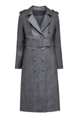 Front product flat lay of the double-breasted Hilary MacMillan Jodi Trench Coat in grey faux snakeskin with matching buckle belt.