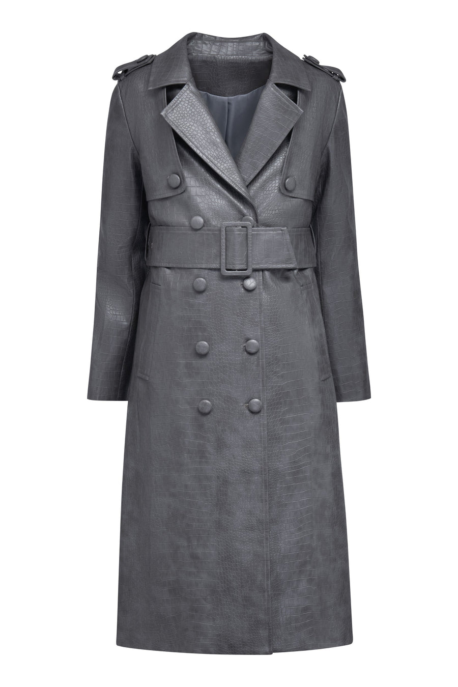 Front product flat lay of the double-breasted Hilary MacMillan Jodi Trench Coat in grey faux snakeskin with matching buckle belt.