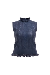 Front view studio product flat lay of the Hilary MacMillan Navy Cable Knit Sweater Vest with metallic foil finish and ruffled trim.
