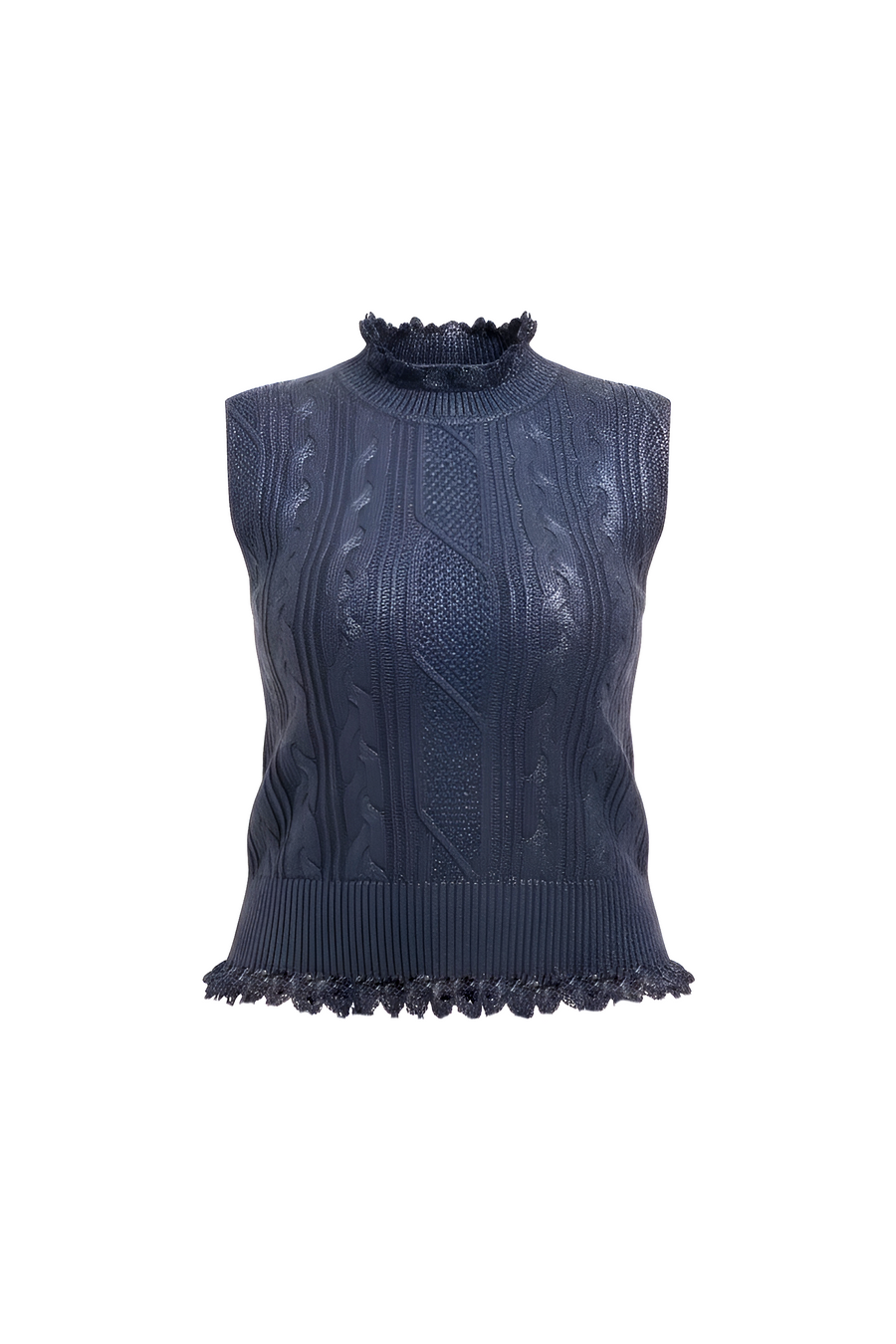 Front view studio product flat lay of the Hilary MacMillan Navy Cable Knit Sweater Vest with metallic foil finish and ruffled trim.