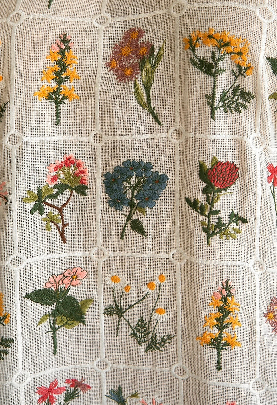 Tamara Malas Dune Dress Cotton Long cream grid floral pattern technical fabric macro close up view