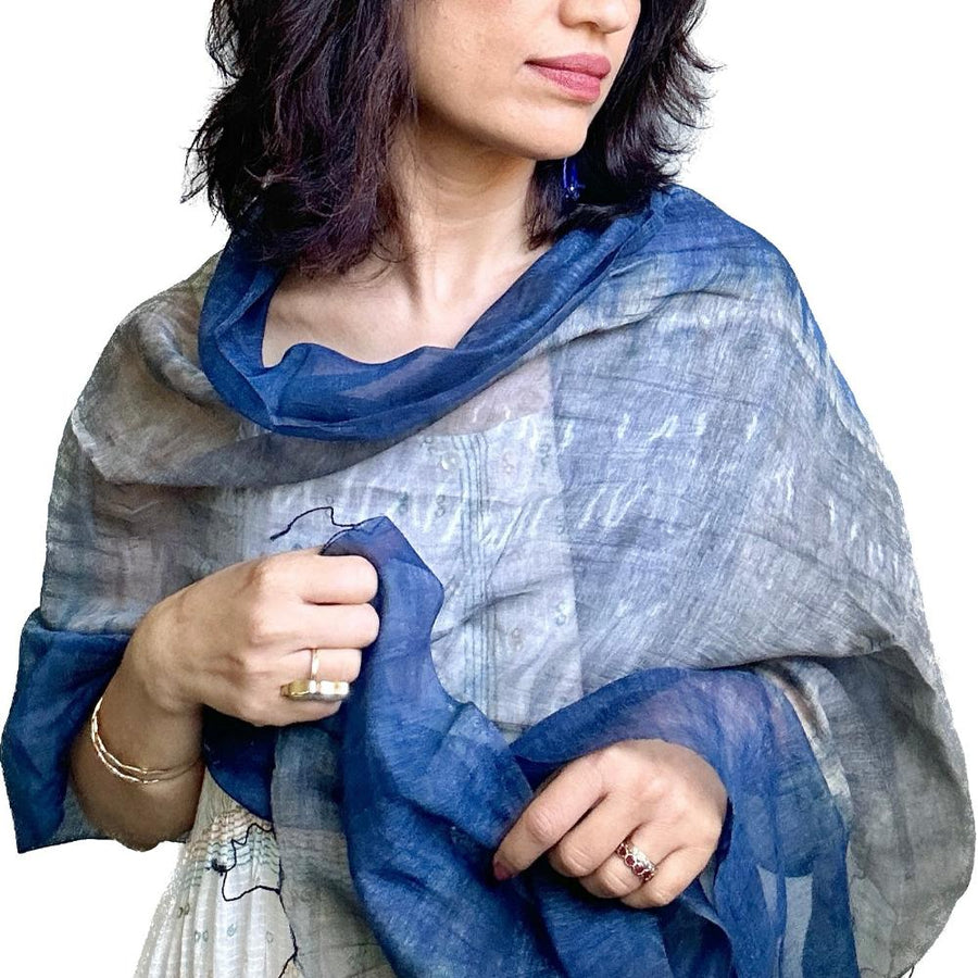 Fyoli Fyoli NEEL Silk Cotton Natural Indigo Shibori Stole in Indigo Needle Shibori - women's artisan scarf