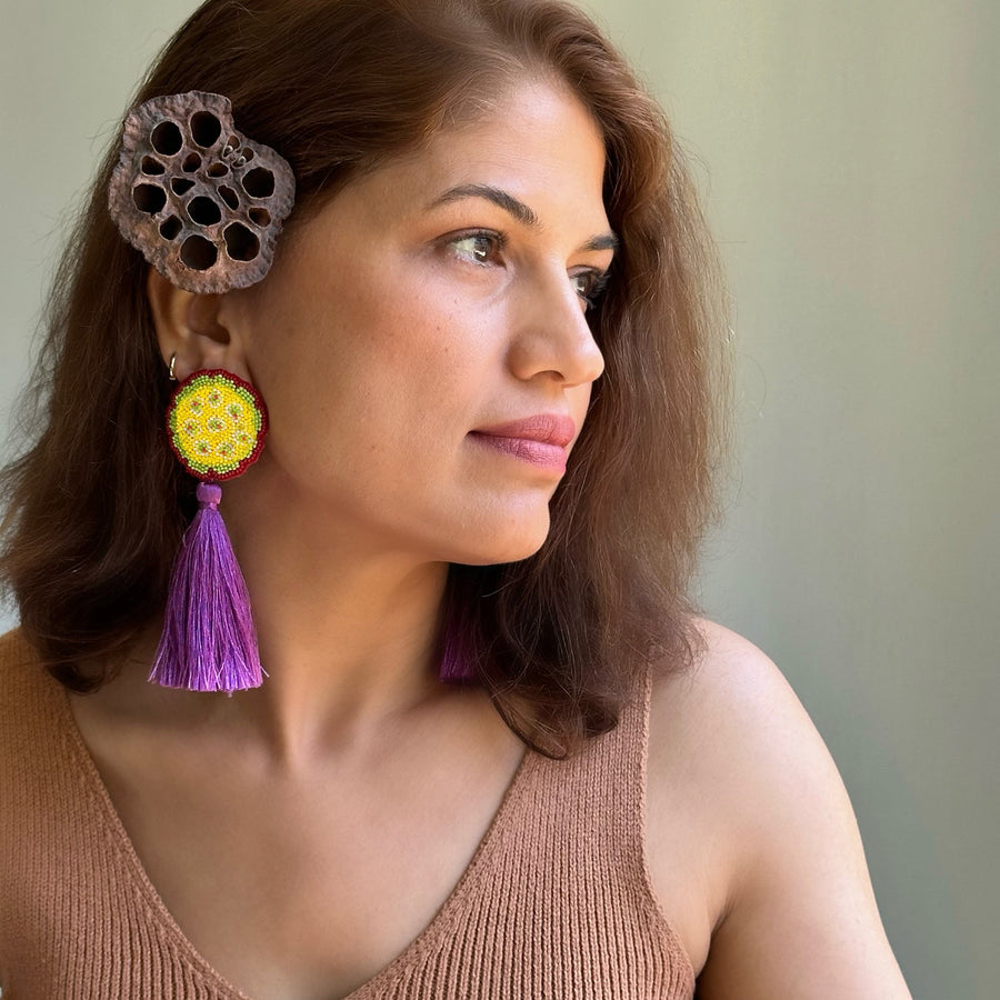 Fyoli Fyoli Superbloom KAMAL Seed Embroidered Earrings in Purple Silk Tassel - women's artisan earrings