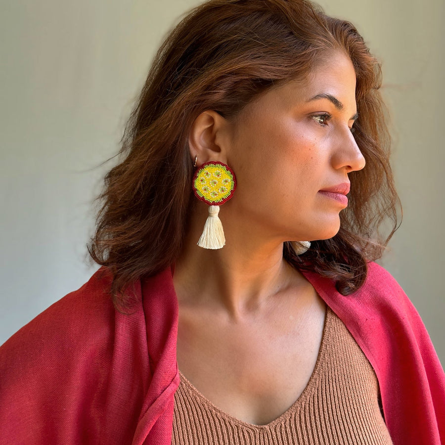 Fyoli Fyoli Superbloom KAMAL Seed Embroidered Earrings in Purple Silk Tassel - women's artisan earrings