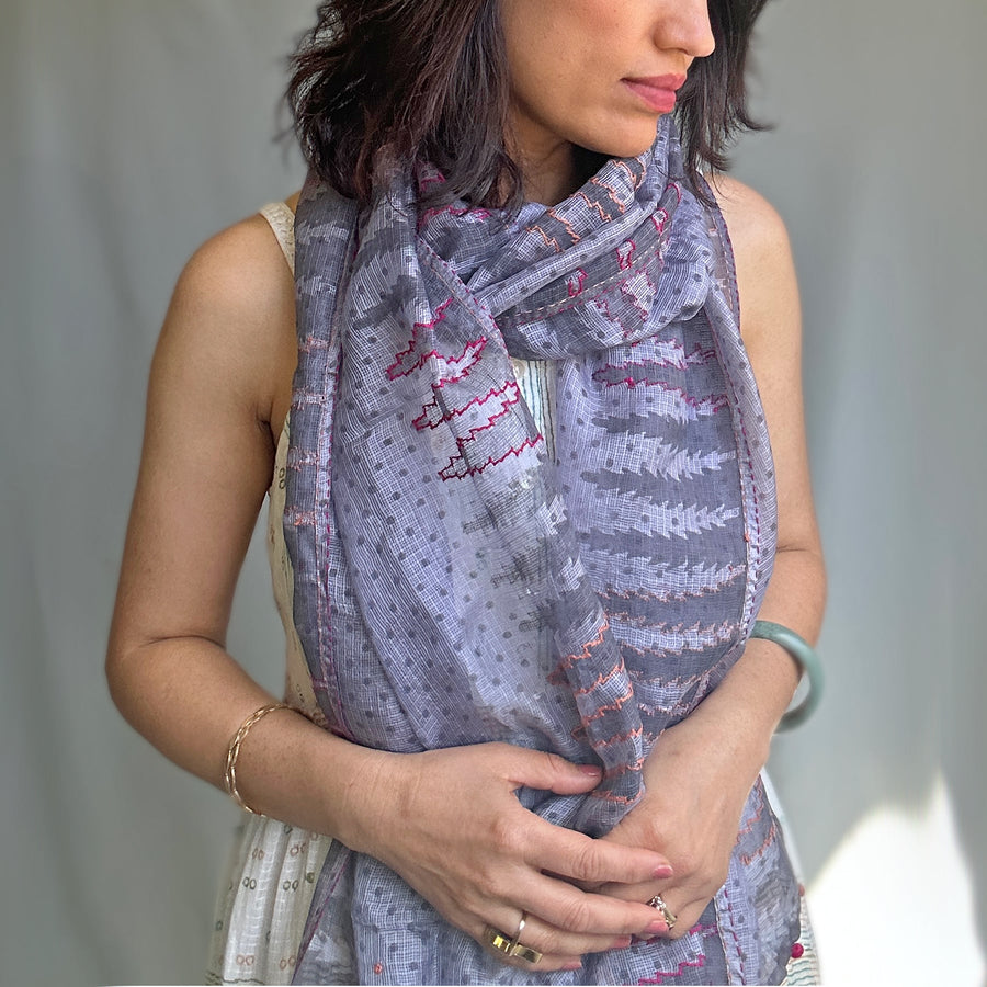 Fyoli Fyoli PRANA Kota Silk Scarf in Lilac Grey - women's artisan scarf