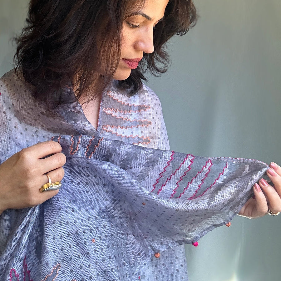 Fyoli Fyoli PRANA Kota Silk Scarf in Lilac Grey - women's artisan scarf