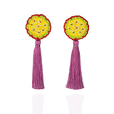 Fyoli Fyoli Superbloom KAMAL Seed Embroidered Earrings in Purple Silk Tassel - women's artisan earrings