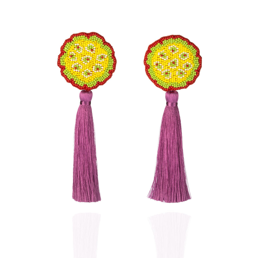 Fyoli Fyoli Superbloom KAMAL Seed Embroidered Earrings in Purple Silk Tassel - women's artisan earrings
