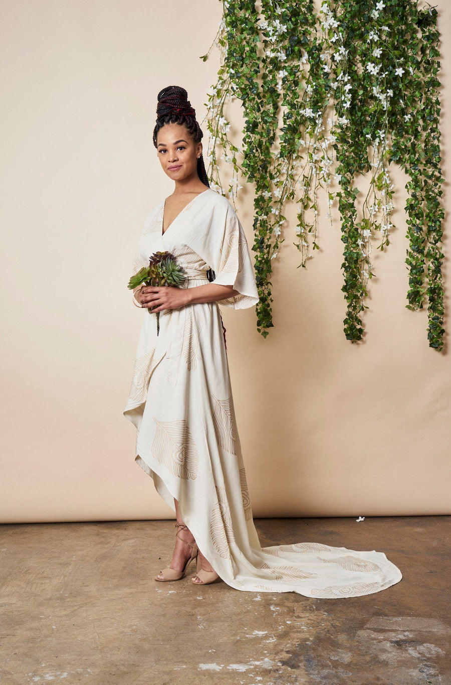 Symbology Clothing Peacock Feather Maxi Wrap Dress W/ Train in Cream + Gold - plus size dress, product view