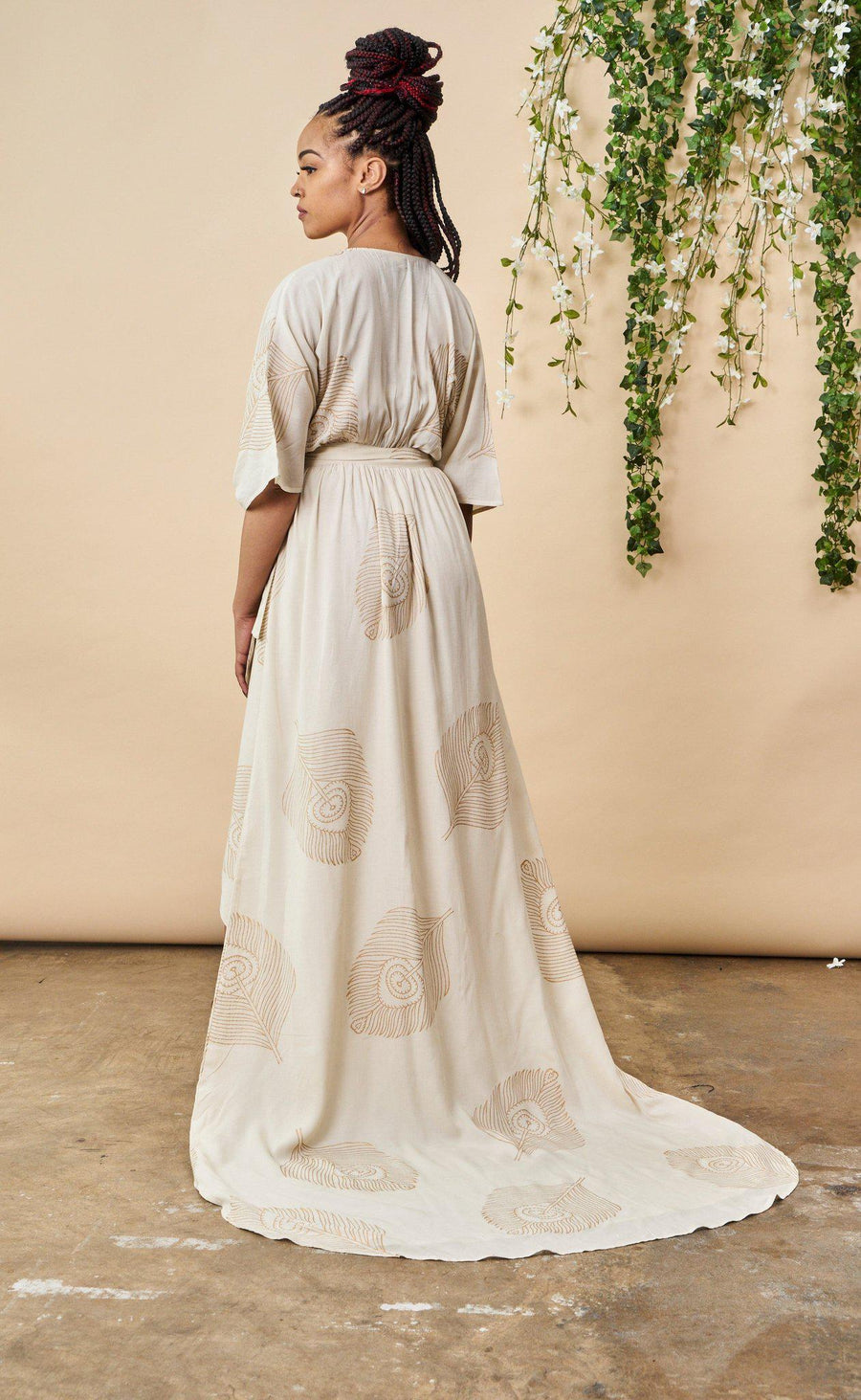 Symbology Clothing Peacock Feather Maxi Wrap Dress W/ Train in Cream + Gold - plus size dress, product view