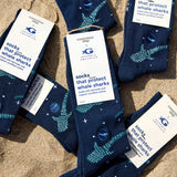 Multiple pairs of folded Conscious Step navy whale shark socks with "Georgia Aquarium" packaging tags scattered on the sand.