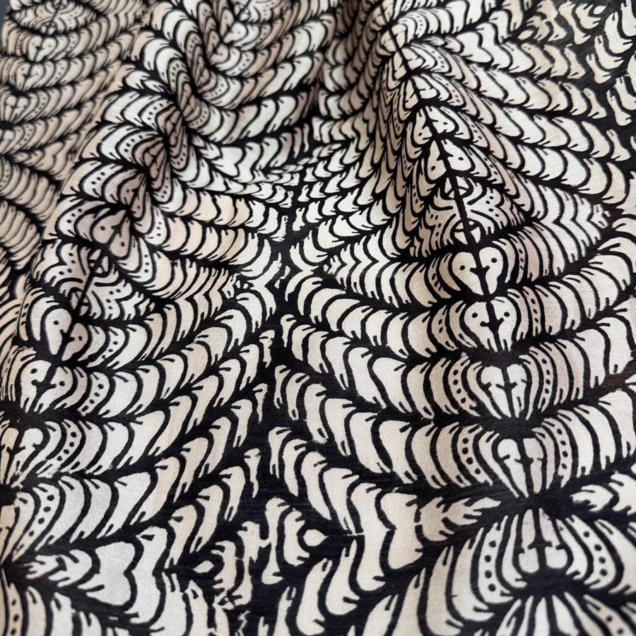 Fyoli Fyoli LEAF MINUTIAE Cotton Silk Black and White Scarf in Black and White - women's artisan scarf