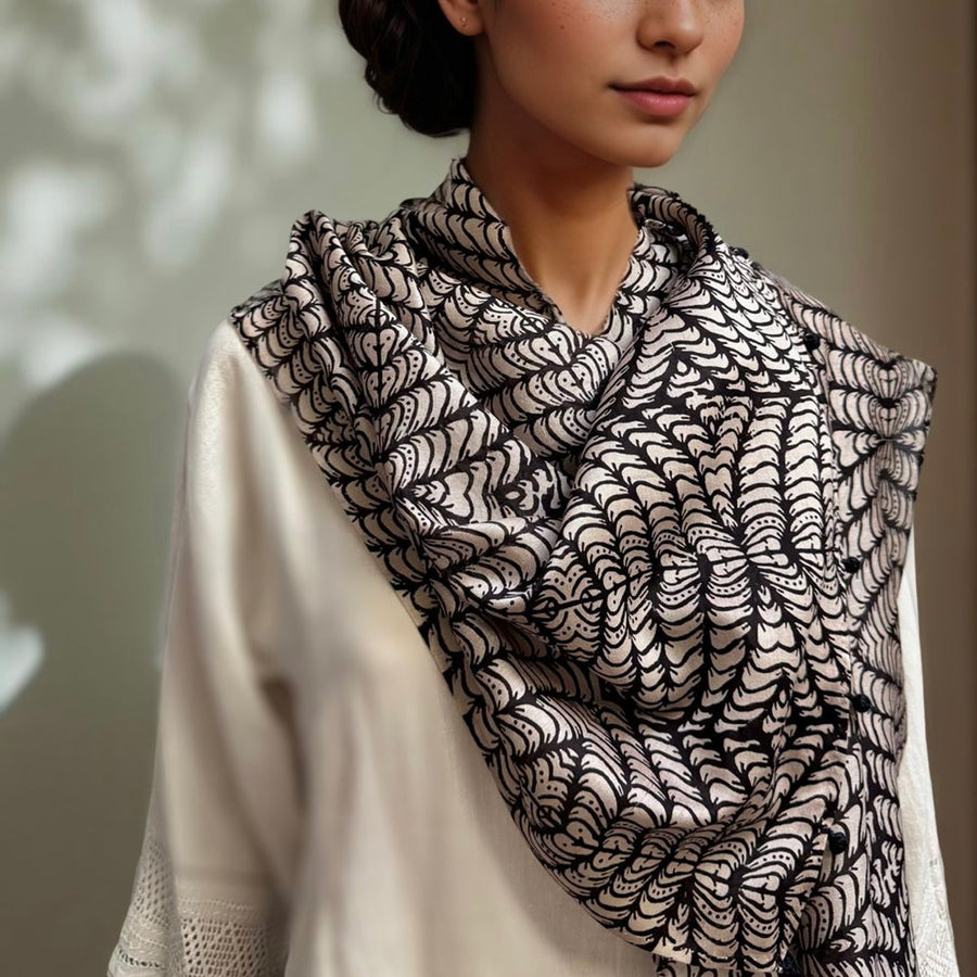 Fyoli Fyoli LEAF MINUTIAE Cotton Silk Black and White Scarf in Black and White - women's artisan scarf