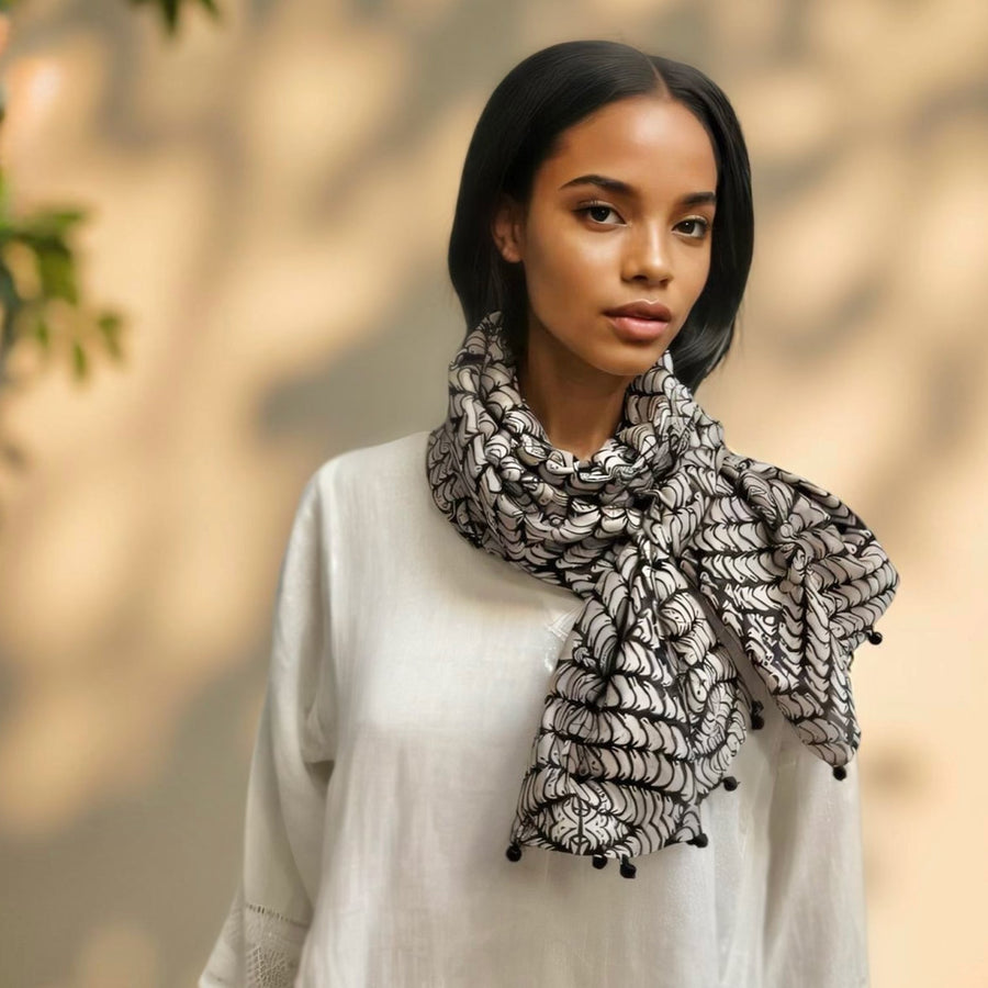 Fyoli Fyoli LEAF MINUTIAE Cotton Silk Black and White Scarf in Black and White - women's artisan scarf