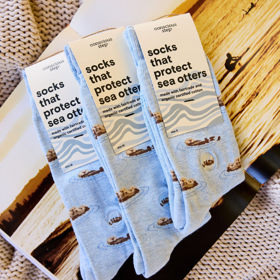 Three pairs of packaged light blue Conscious Step sea otter socks lined up diagonally on an open book showcasing a beach image, next to a cozy knit blanket.
