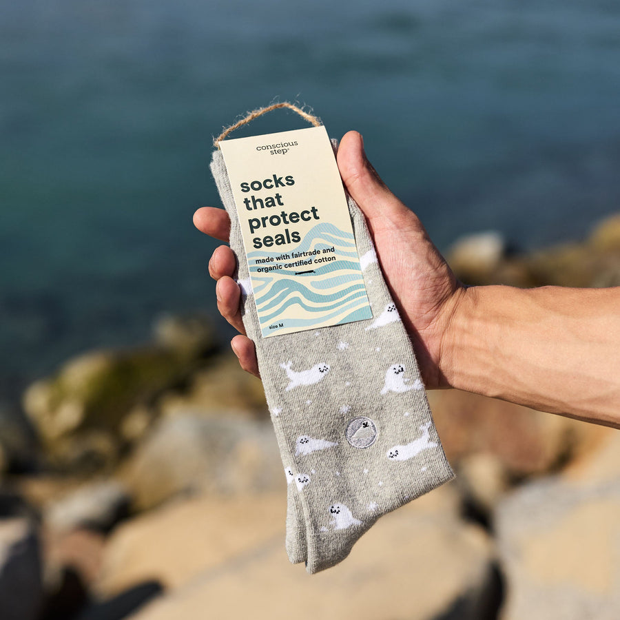 A close-up of a hand holding a pair of packaged Conscious Step gray seal socks with a "socks that protect seals" cardboard tag, set against a blurry ocean and rocky shoreline.