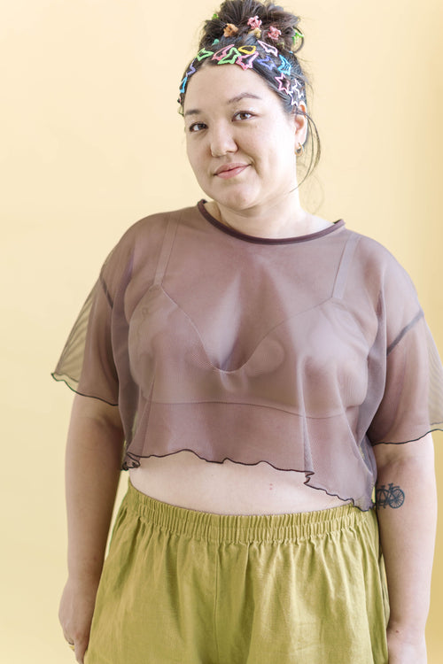 Nettle Studios Boxy Crop Top in Brown Sugar Mesh - plus size crop top, product view