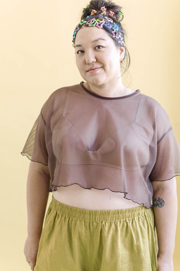 Nettle Studios Boxy Crop Top in Brown Sugar Mesh - plus size crop top, product view