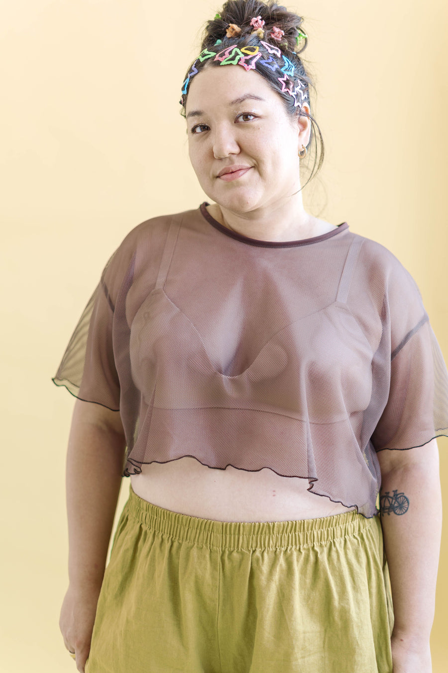 Nettle Studios Boxy Crop Top in Brown Sugar Mesh - plus size crop top, product view