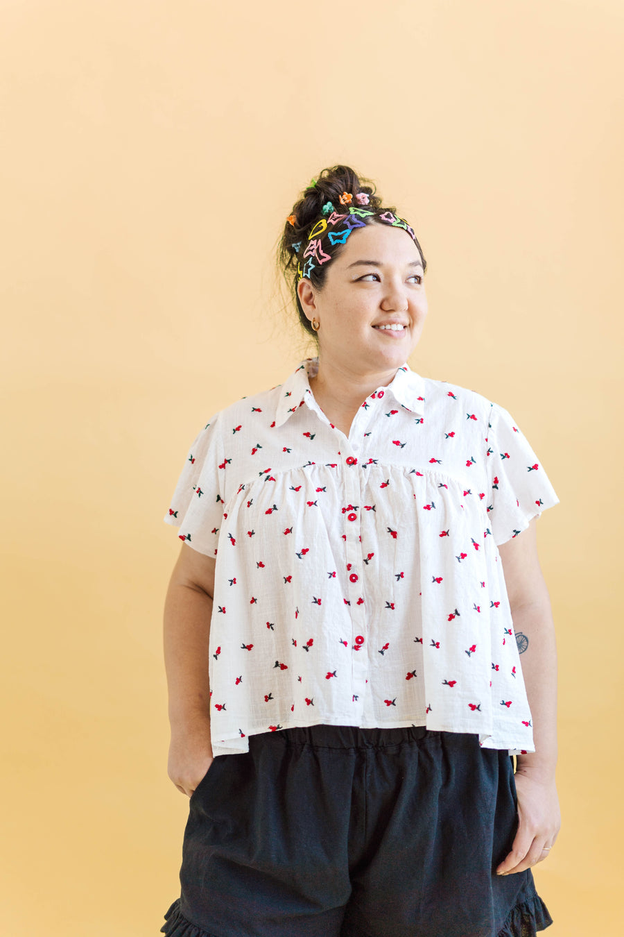 Nettle Studios Button Mushroom Top in White Cherry Cotton - plus size top, product view