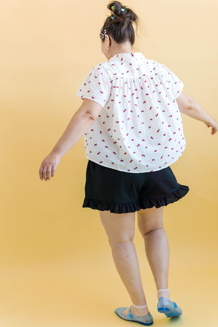 Nettle Studios Button Mushroom Top in White Cherry Cotton - plus size top, product view